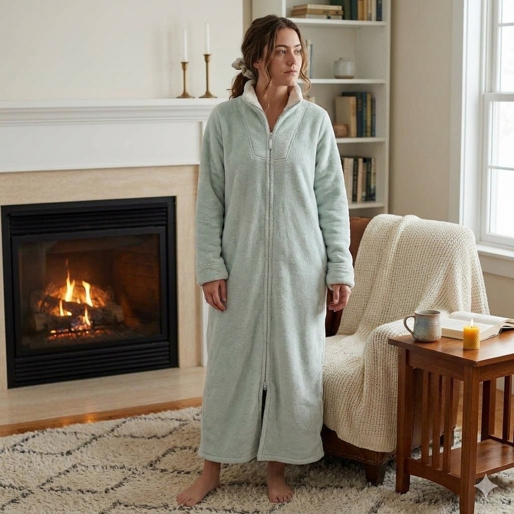 L.L.Bean Cabin Core Robe Women L Green Wicked Plush Full Zip Fleece 513997